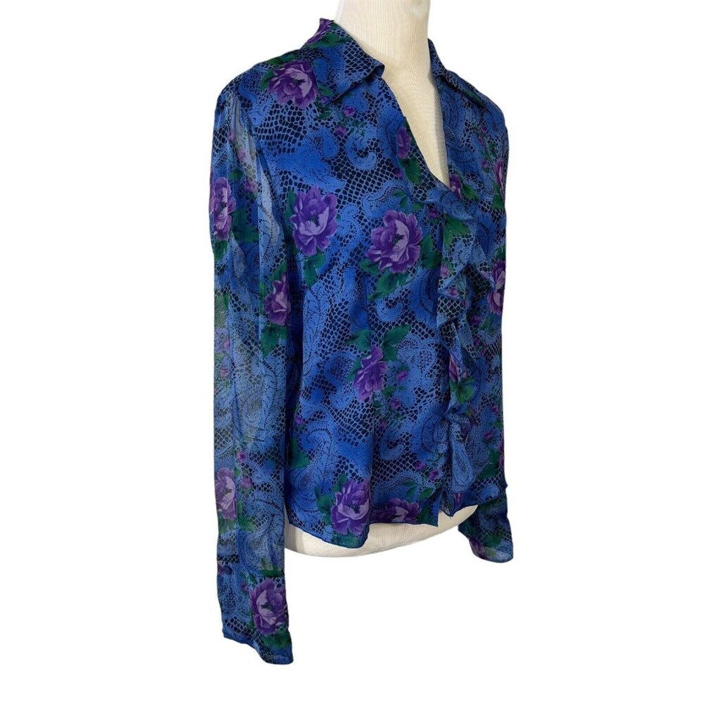 Allison Taylor Sheer Silk Blouse Size L Lavender and Blue Floral